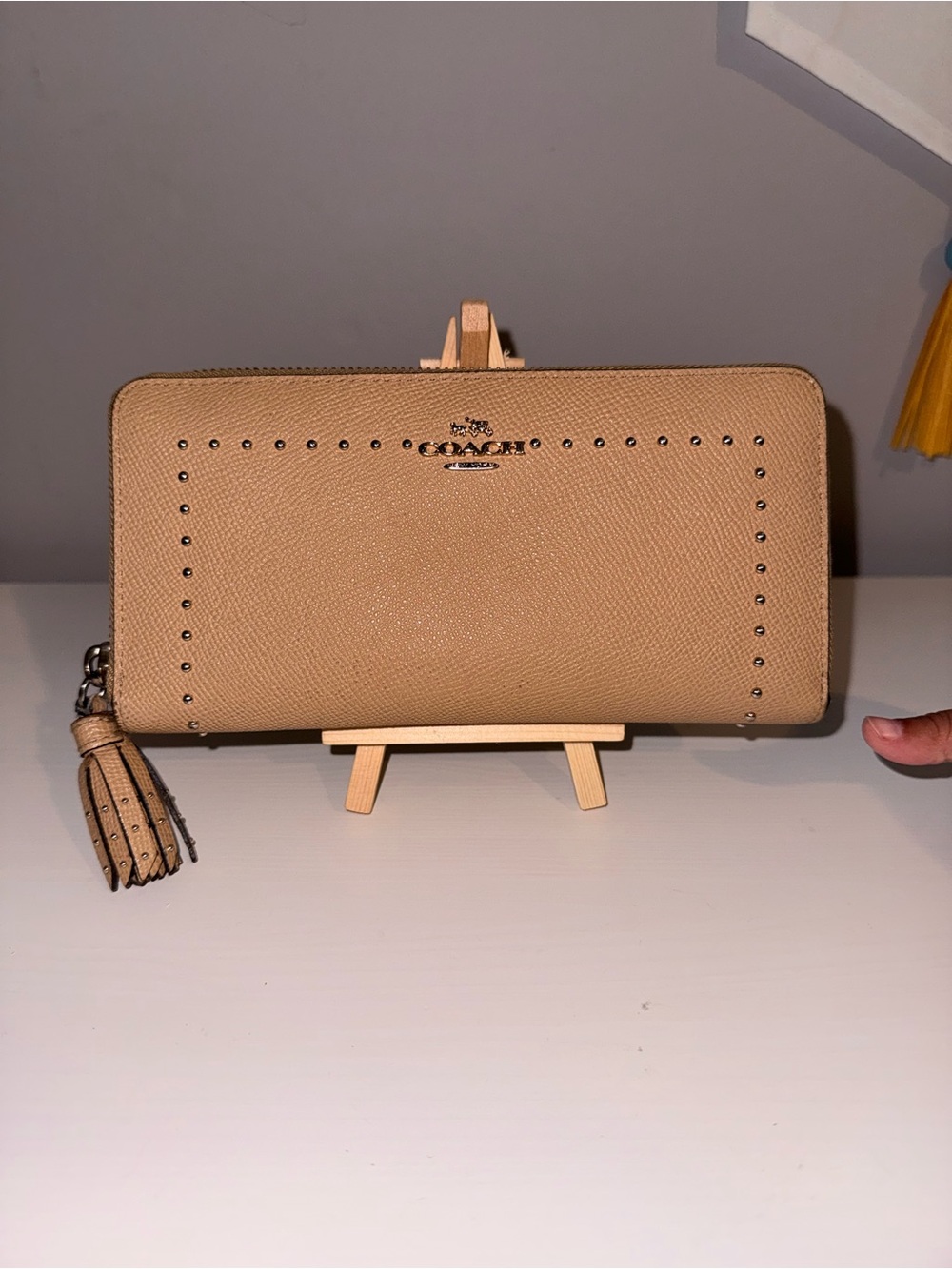 Coach Border Studded Accordion Zip Around Long Beige Wallet